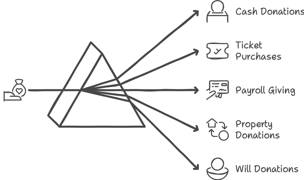 Donations – cash / online

Purchases – tickets, shop items

Straight from wages, pension or a Payroll Giving scheme

Land, property or shares

In a will